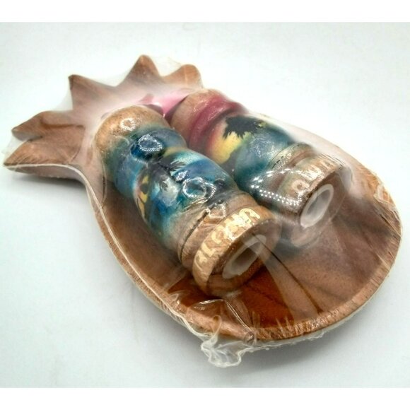 Salt Pepper Shakers Wooden Pineapple Bowl Aloha Hawaii Souvenir Vintage 3 Piece - Picture 13 of 14